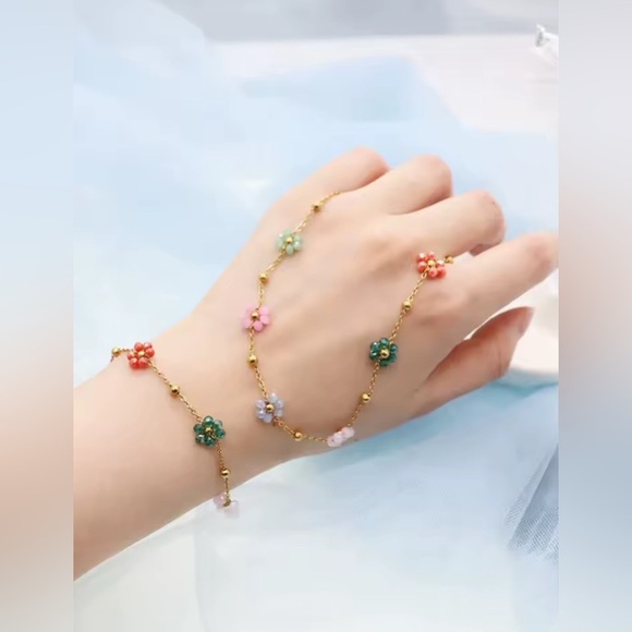 18K Gold Bohemian Beaded Flower Chain Bracelet Colorful Minimalist No Fade - Picture 8 of 9